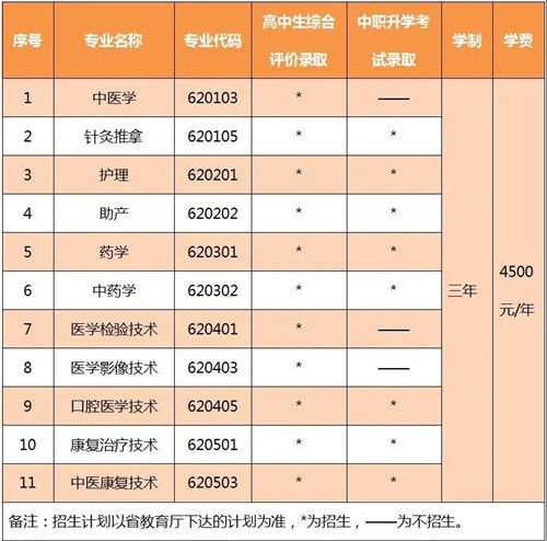 甘肃卫生职业学院2020年招生计划、招生专业