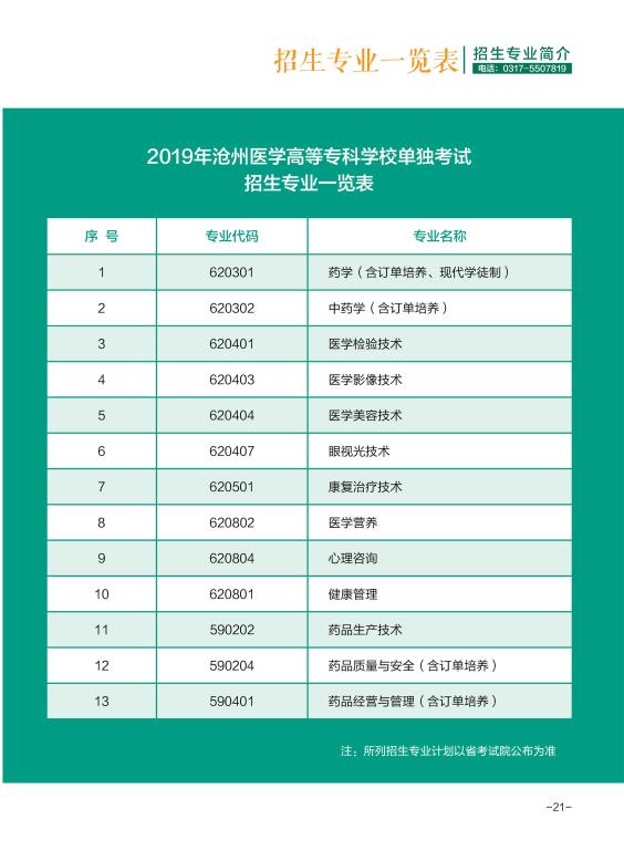 2019年沧州医学高等专科学校单独招生简章和招生计划