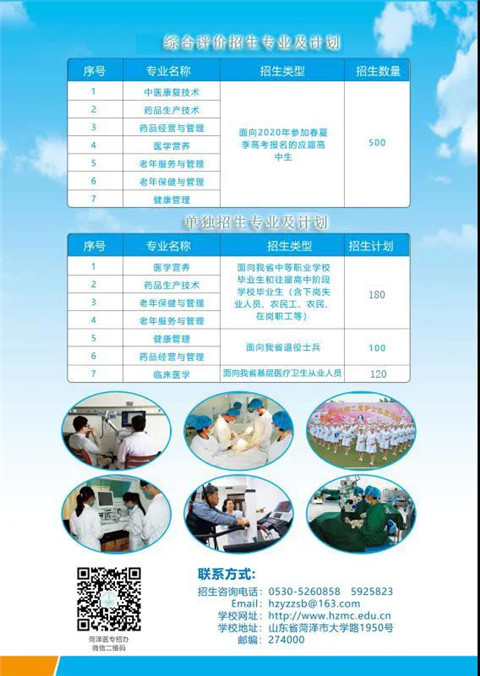 菏泽医学专科学校2020年招生简章（单招）