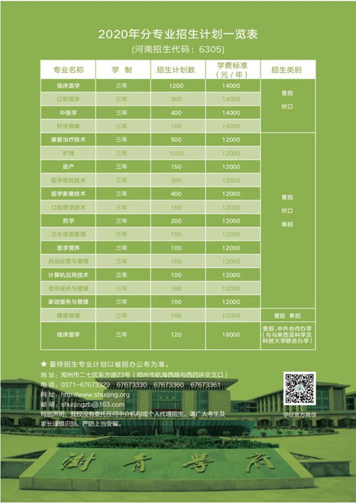 郑州澍青医学高等专科学校2020年招生简章