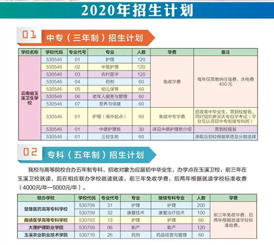 2020年云南省玉溪卫生学校招生计划（图）